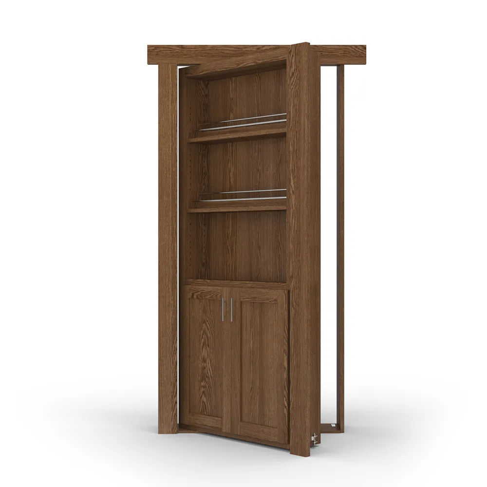 Murphy Door® wooden bookcase hidden door in oak finish with shelving and cabinet storage, partially open to reveal entrance.