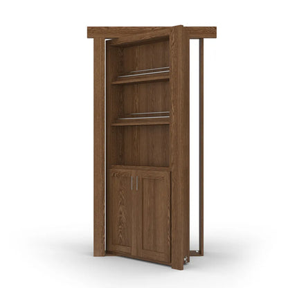 Murphy Door® wooden bookcase hidden door in oak finish with shelving and cabinet storage, partially open to reveal entrance.