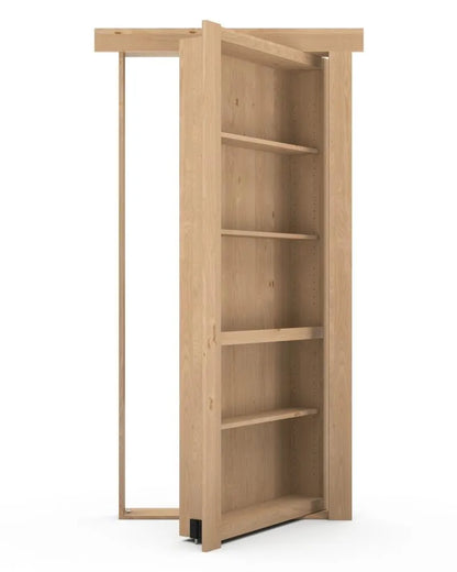 Murphy Door® wooden bookcase hidden door in light oak finish, showing pivoting mechanism and multiple shelves.