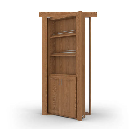Murphy Door® oak bookcase hidden door with three open shelves and cabinet storage below, shown partially open.