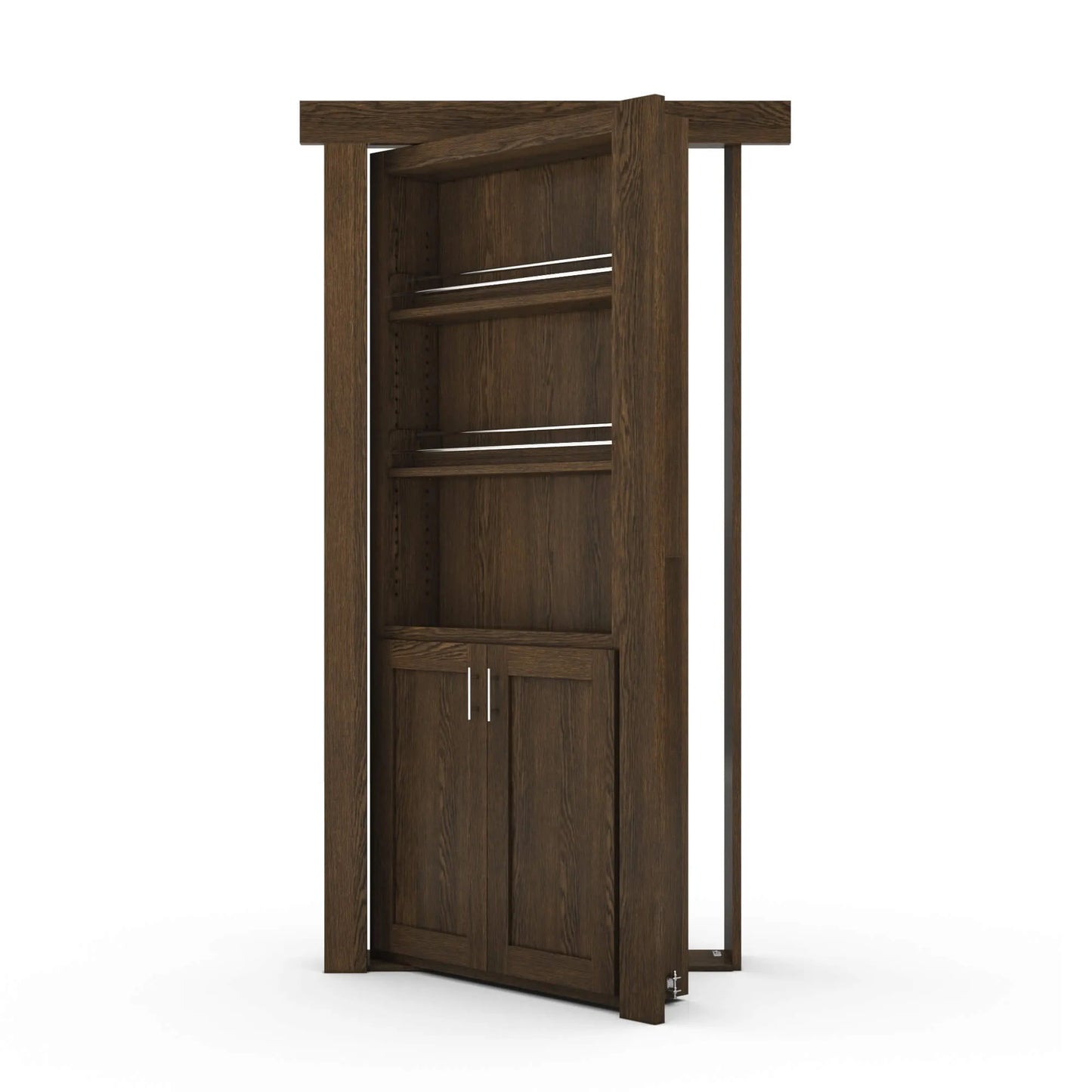 Murphy Door® wooden bookcase hidden door in dark brown with shelving and bottom cabinet, shown partially open.