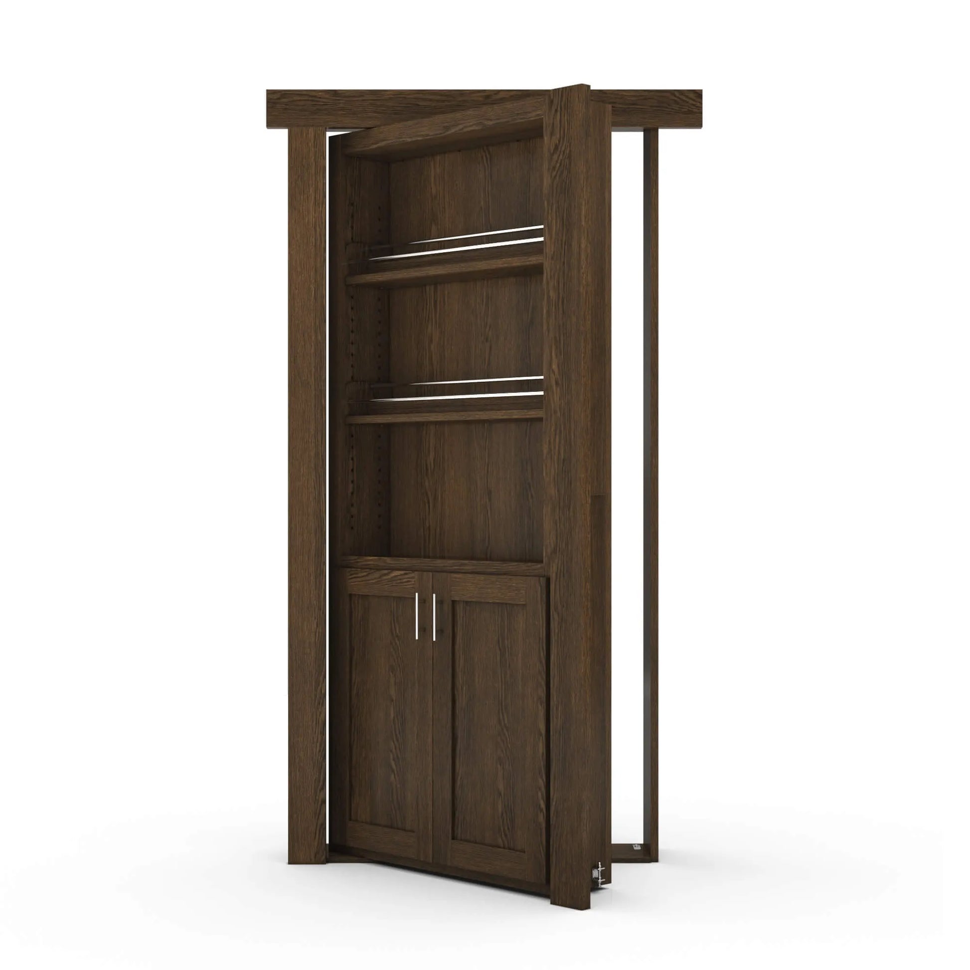 Murphy Door® wooden bookcase hidden door in dark brown with shelving and bottom cabinet, shown partially open.
