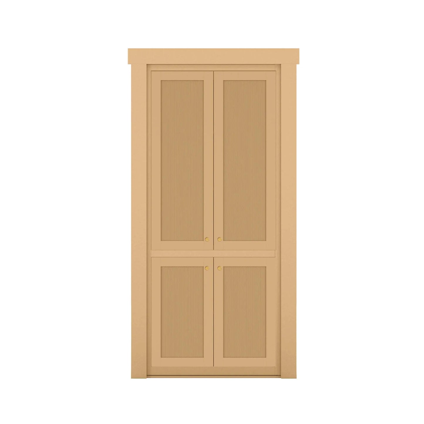 Murphy Door® light maple bifold hidden door with four panels featuring fine vertical ribbing and small brass knobs.