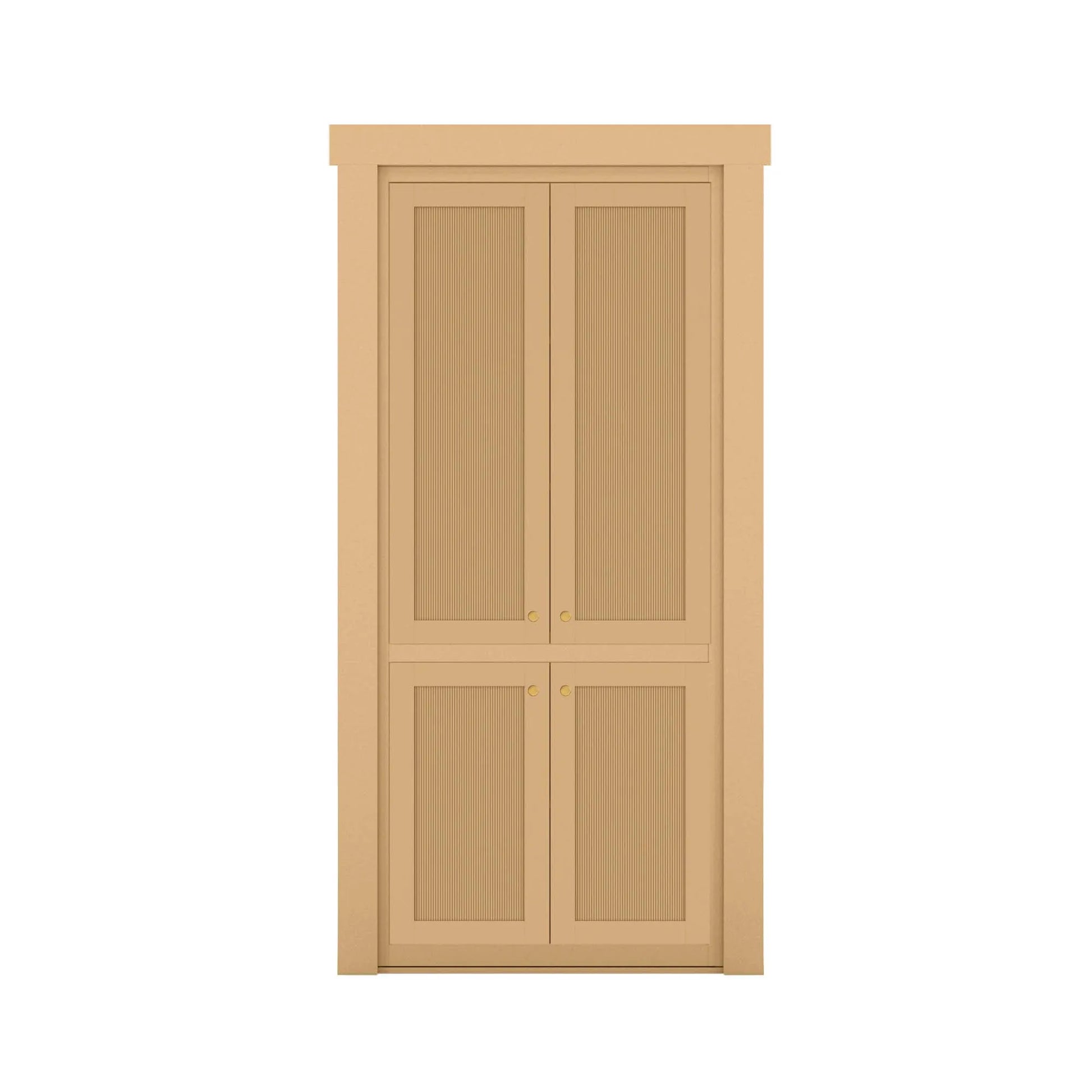 Murphy Door® light maple bifold hidden door with four panels featuring fine vertical ribbing and small brass knobs.