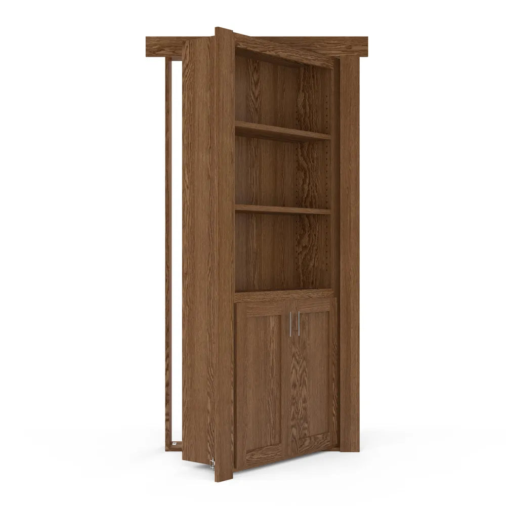 Murphy Door® wooden bookcase hidden door in medium oak finish with three open shelves and cabinet storage below.