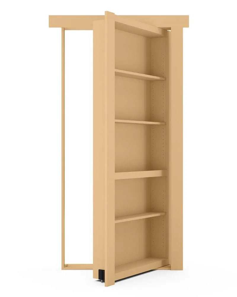 Murphy Door® hidden bookshelf door in light beige, partially opened to reveal adjustable shelving and concealed doorway design.