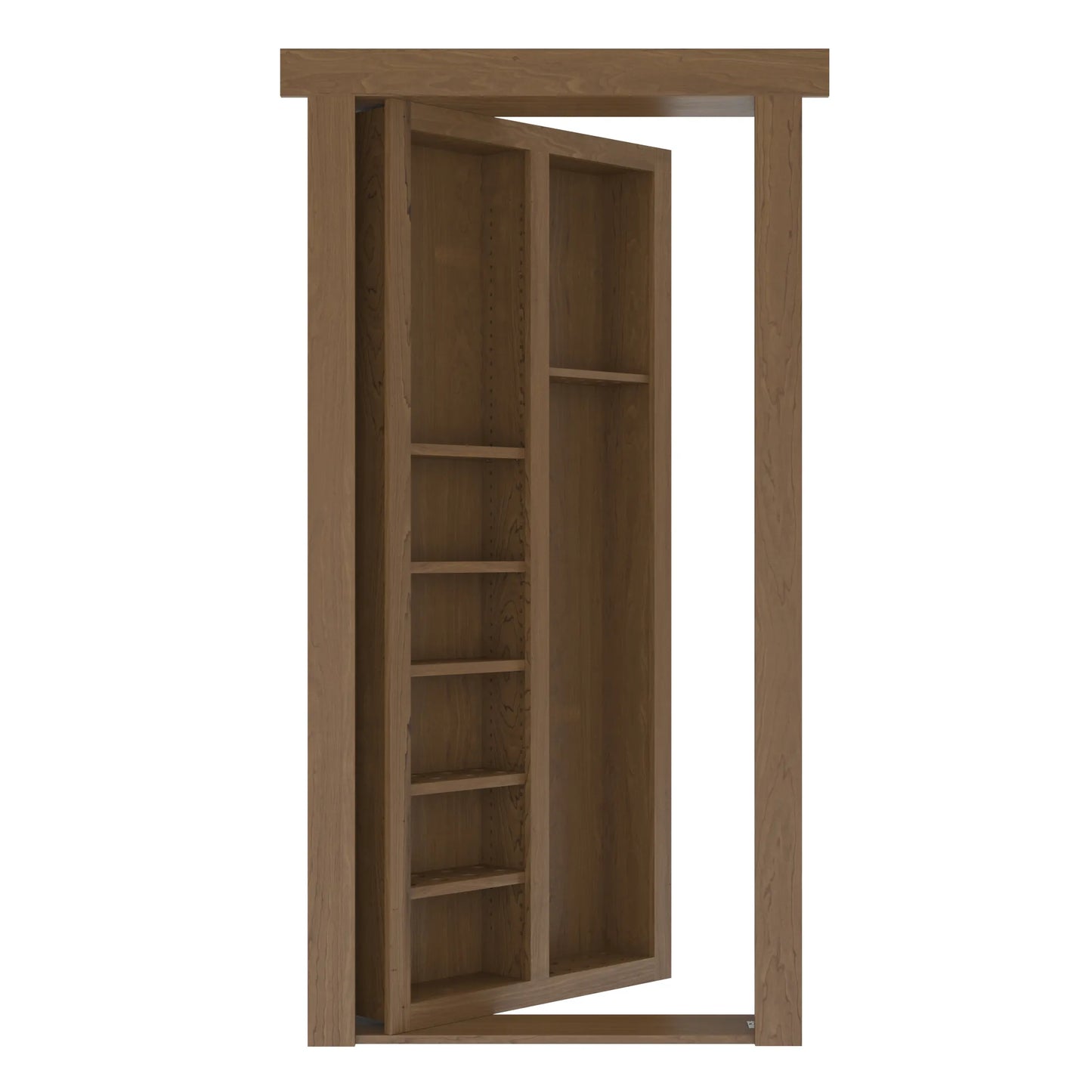 Murphy Door® wooden bookcase hidden door in medium oak finish, partially open to reveal interior shelving compartments.