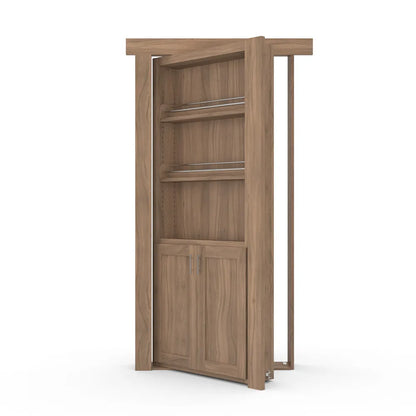 Murphy Door® wooden bookcase hidden door in light oak finish with upper shelving and lower cabinet storage.