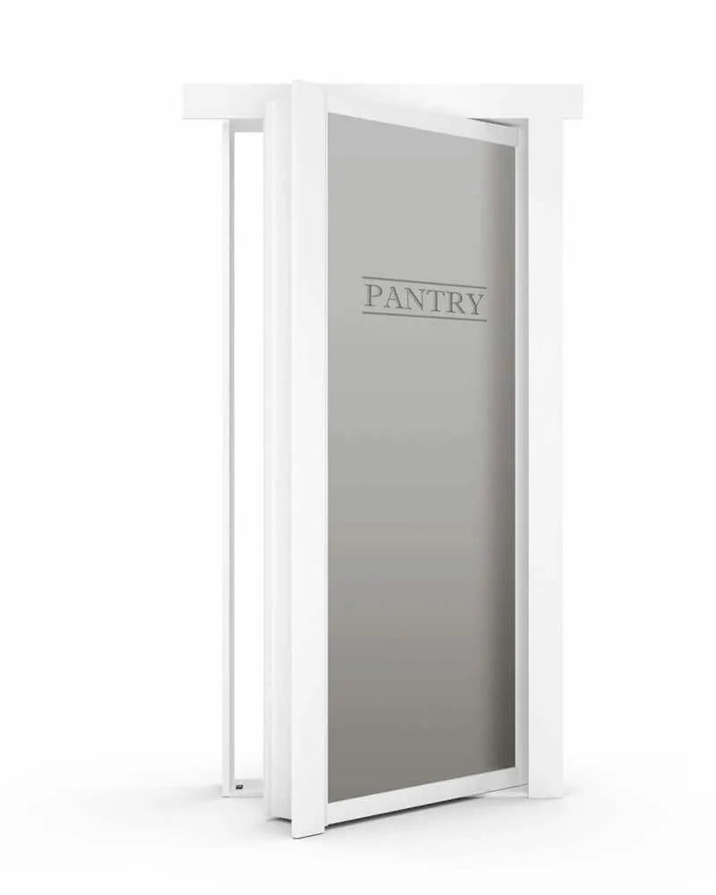 Murphy Door® white pantry hidden door with frosted glass panel featuring "PANTRY" etching, shown slightly ajar.