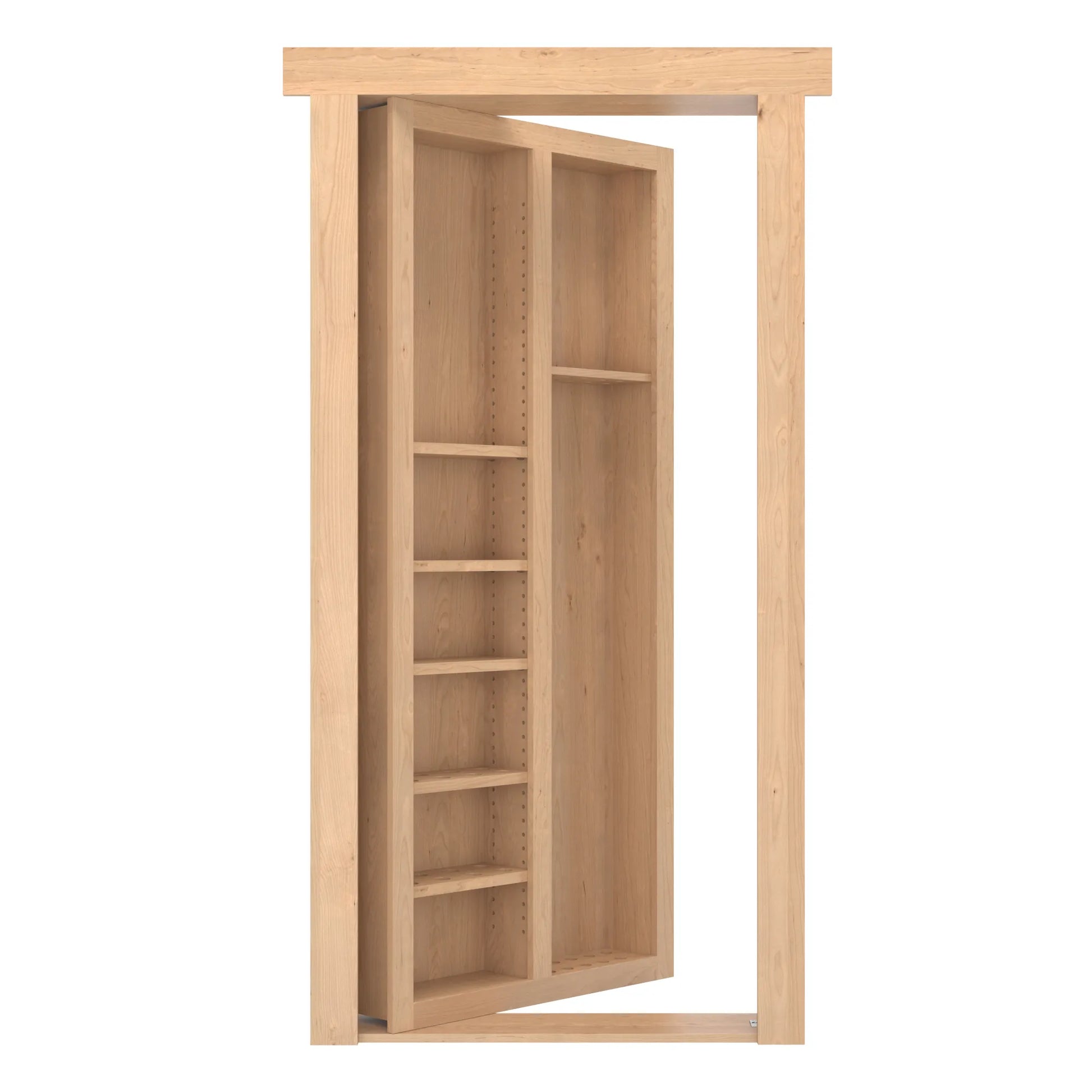 Murphy Door® wooden bookcase hidden door in light oak finish with adjustable shelving and pivot hinge system.