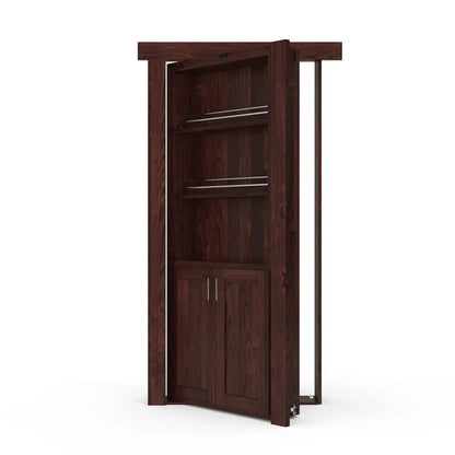 Murphy Door® hidden bookcase door in dark walnut with open shelving and lower cabinet, shown in partially open position.