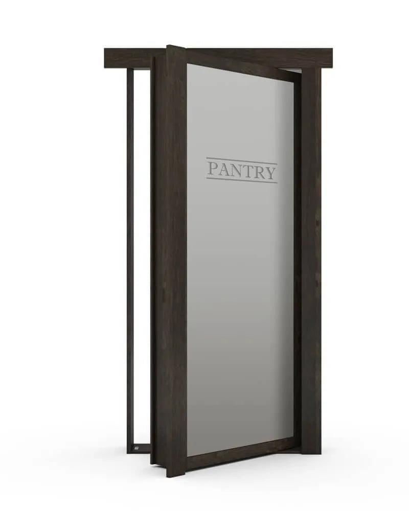 Murphy Door® pantry door with dark wood frame, frosted glass panel etched with "PANTRY", and modern swinging design.