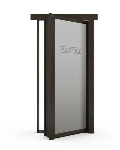 Murphy Door® pantry door with dark wood frame, frosted glass panel etched with "PANTRY", and modern swinging design.
