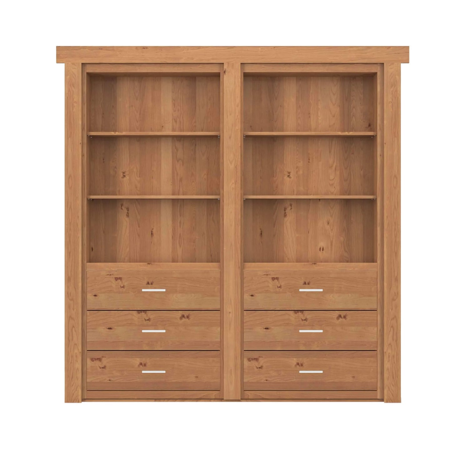 Murphy Door® wooden bookcase with light oak finish featuring six open shelves and six drawers with silver handles in a modern rustic style.
