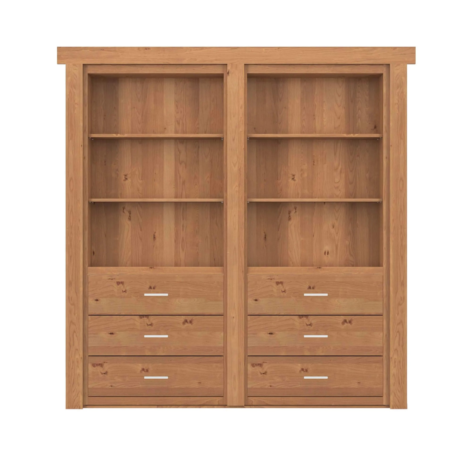 Murphy Door® wooden bookcase with light oak finish featuring six open shelves and six drawers with silver handles in a modern rustic style.