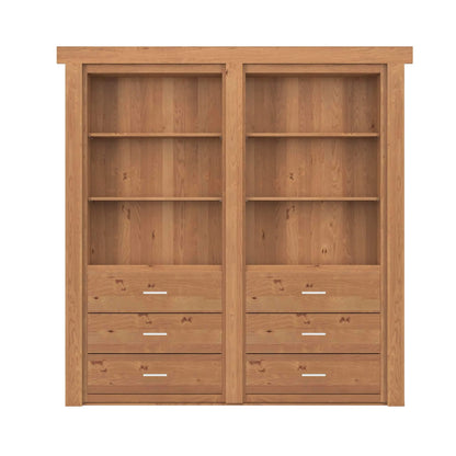 Murphy Door® wooden bookcase with light oak finish featuring six open shelves and six drawers with silver handles in a modern rustic style.