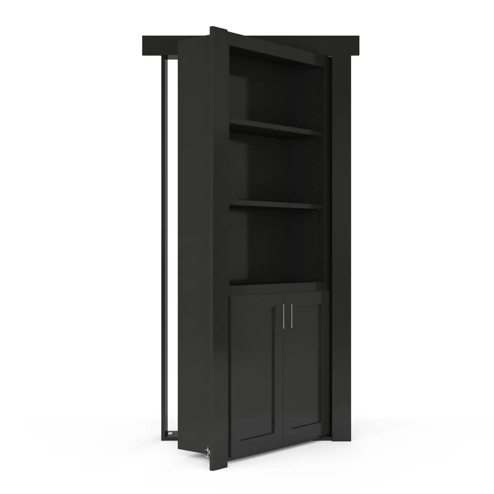 Murphy Door® black bookcase hidden door with three open shelves and cabinet storage, shown partially open.