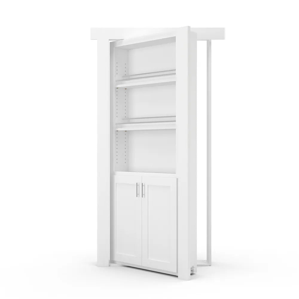 Murphy Door® white hidden bookcase door with three open shelves and cabinet storage below, featuring a swinging mechanism.