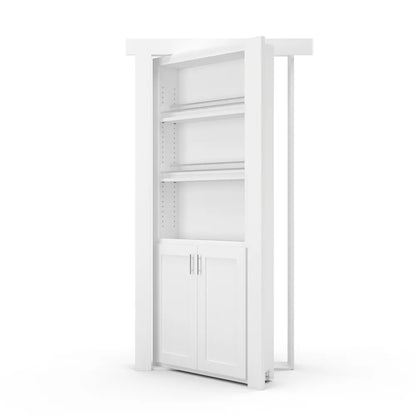 Murphy Door® white bookcase hidden door with three open shelves and cabinet storage, featuring a swing-out design.
