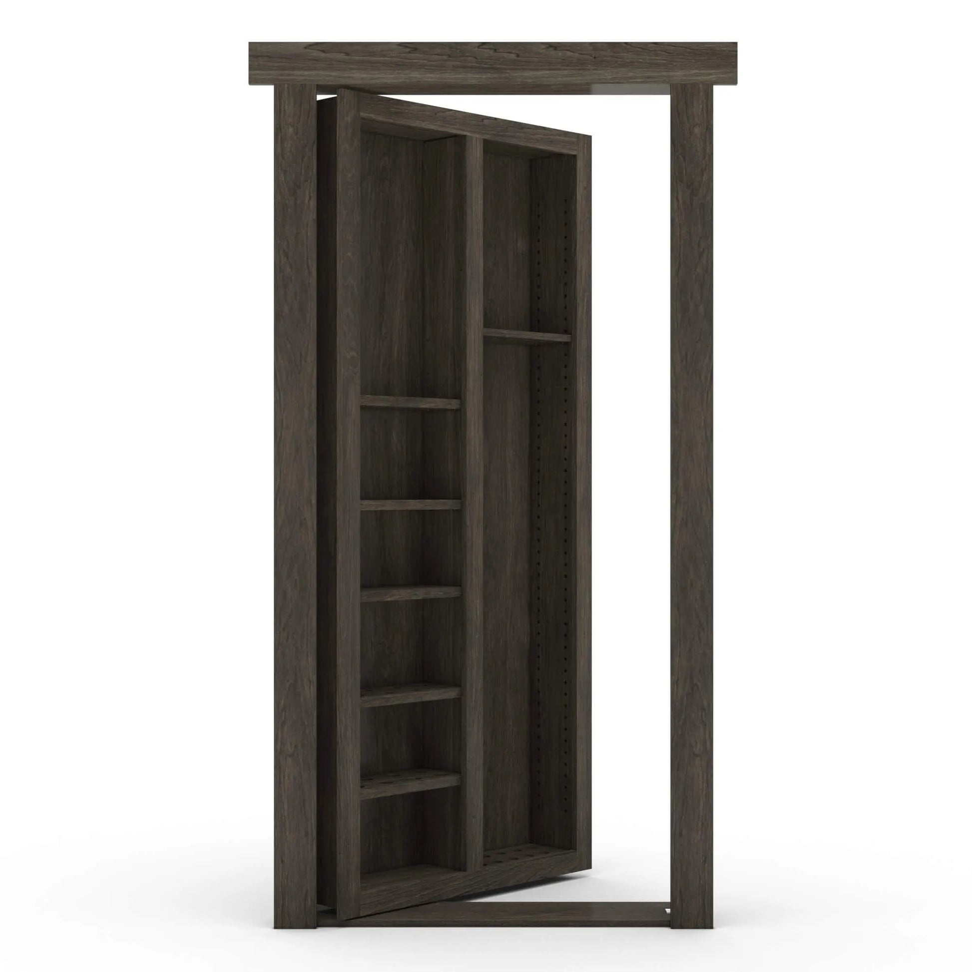 Murphy Door® hidden bookshelf door in dark wood finish, partially open to reveal storage shelves, mounted in doorframe.