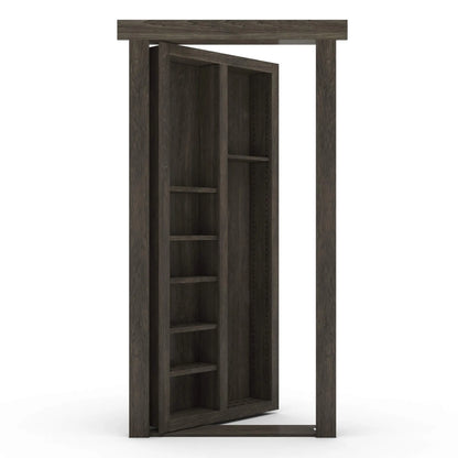 Murphy Door® hidden bookshelf door in dark wood finish, partially open to reveal storage shelves, mounted in doorframe.