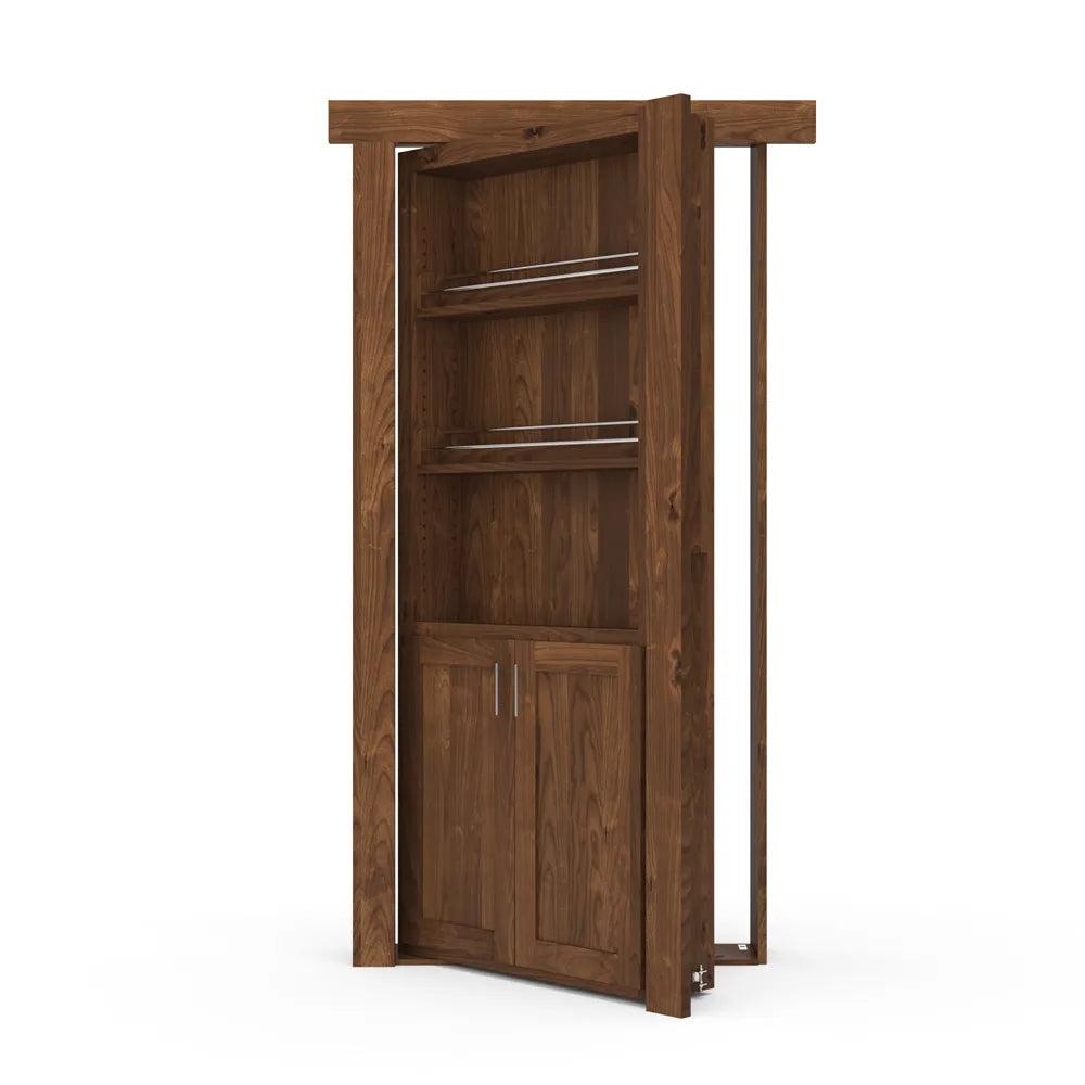 Murphy Door® wooden bookcase hidden door in rich walnut finish with open shelving and cabinet storage, partially ajar.