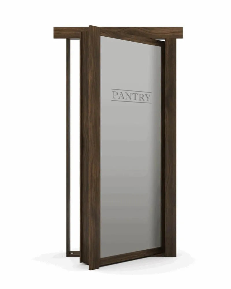 Murphy Door® pantry hidden door with dark wood frame and frosted glass panel etched with "PANTRY" text, shown partially open.