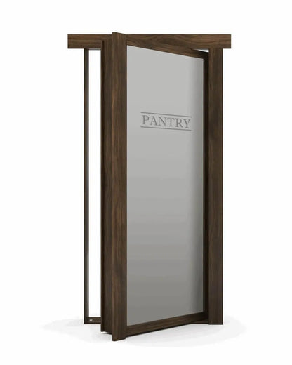 Murphy Door® pantry hidden door with dark wood frame and frosted glass panel etched with "PANTRY" text, shown partially open.