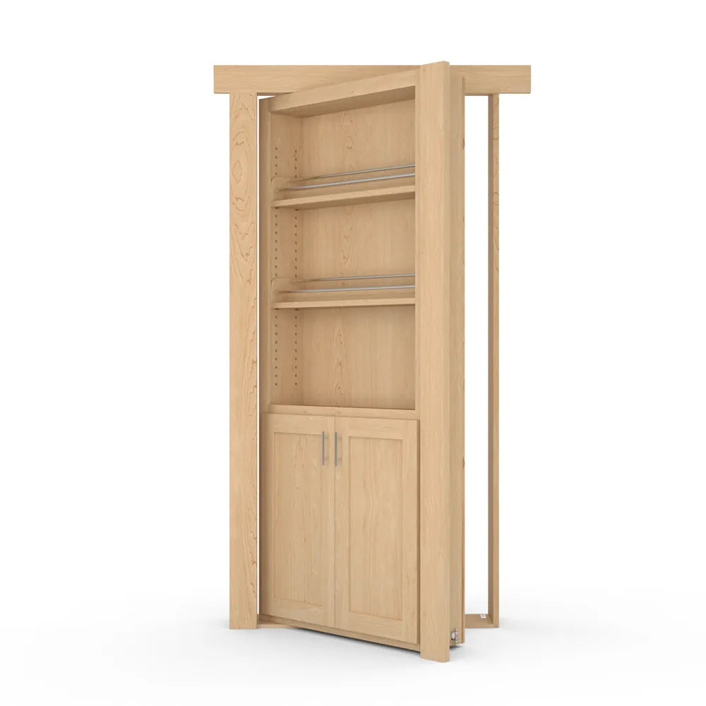 Murphy Door® hidden bookcase door in light maple with open shelving and cabinet storage, mounted on hinges for secret room access.