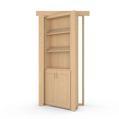 Murphy Door® hidden bookcase door in light maple with open shelving and cabinet storage, mounted on hinges for secret room access.