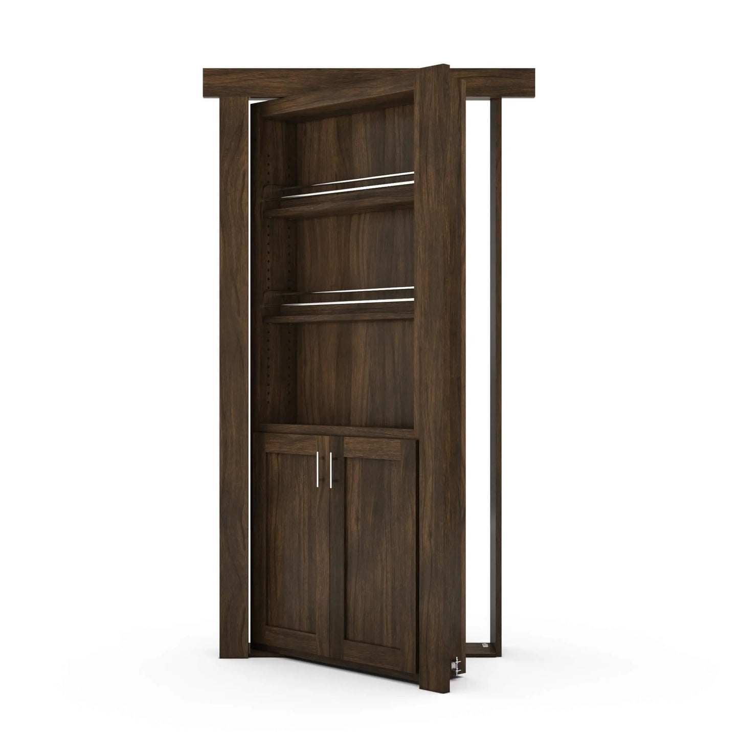 Murphy Door® wooden bookcase hidden door in dark walnut with three shelves and cabinet storage, shown partially open.
