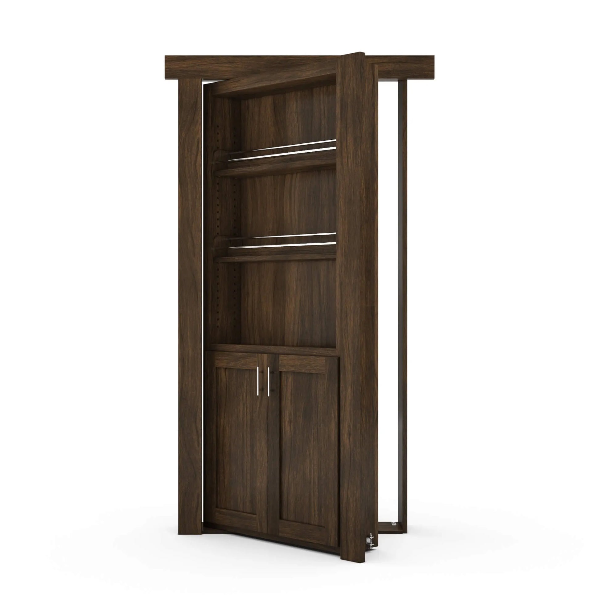Murphy Door® wooden bookcase hidden door in dark walnut with three shelves and cabinet storage, shown partially open.