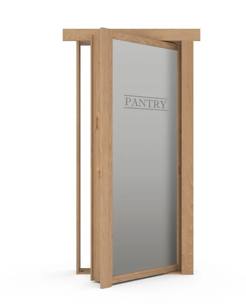 Murphy Door® wooden pantry door with frosted glass panel featuring "PANTRY" etching, shown in light oak finish.