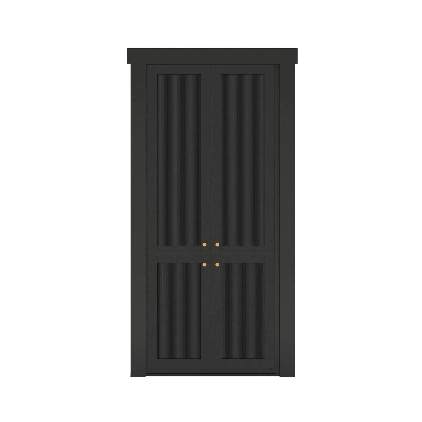 Murphy Door® black cabinet with four panels, textured inserts, and brass knobs, designed as a stylish hidden door solution.