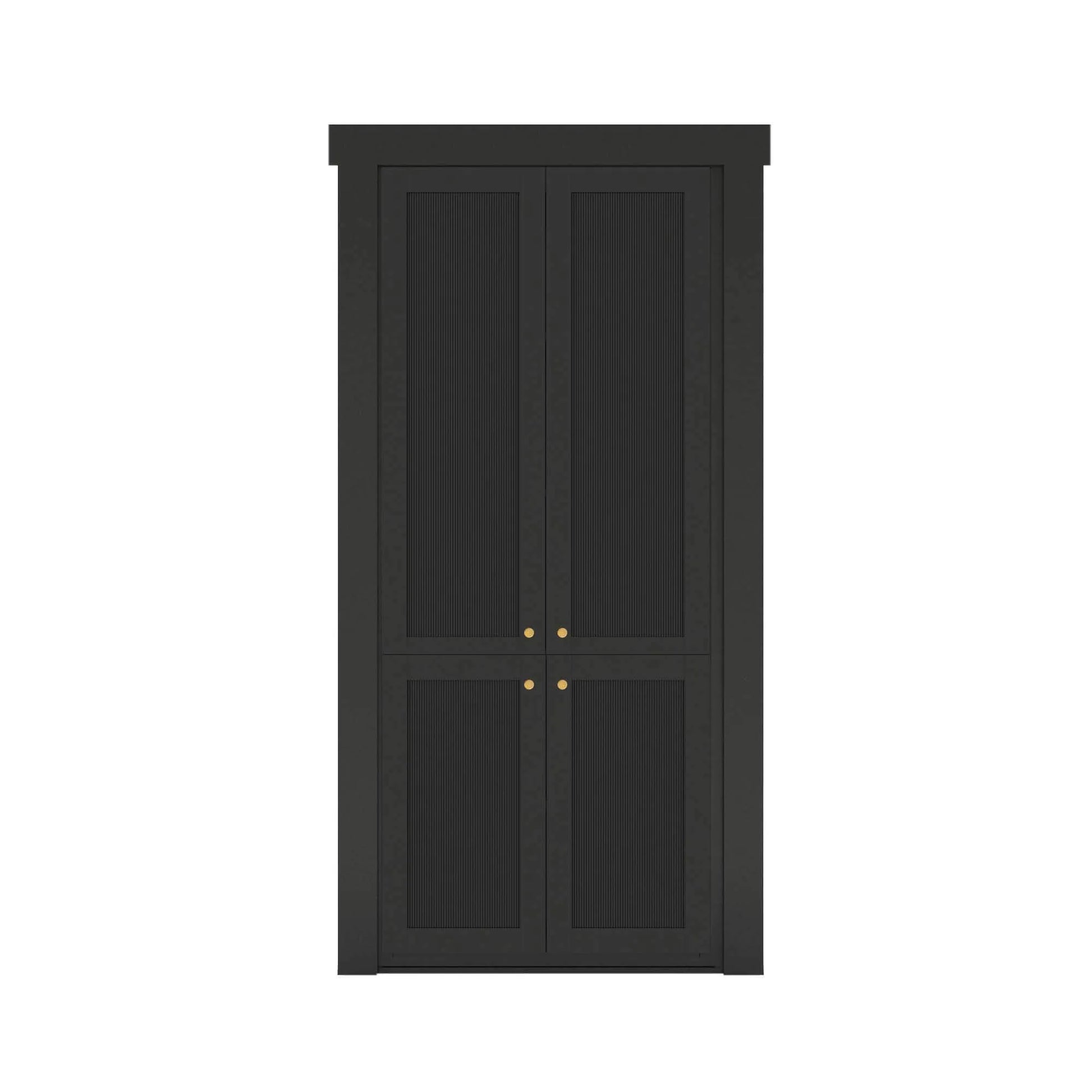Murphy Door® black cabinet with four panels, textured inserts, and brass knobs, designed as a stylish hidden door solution.