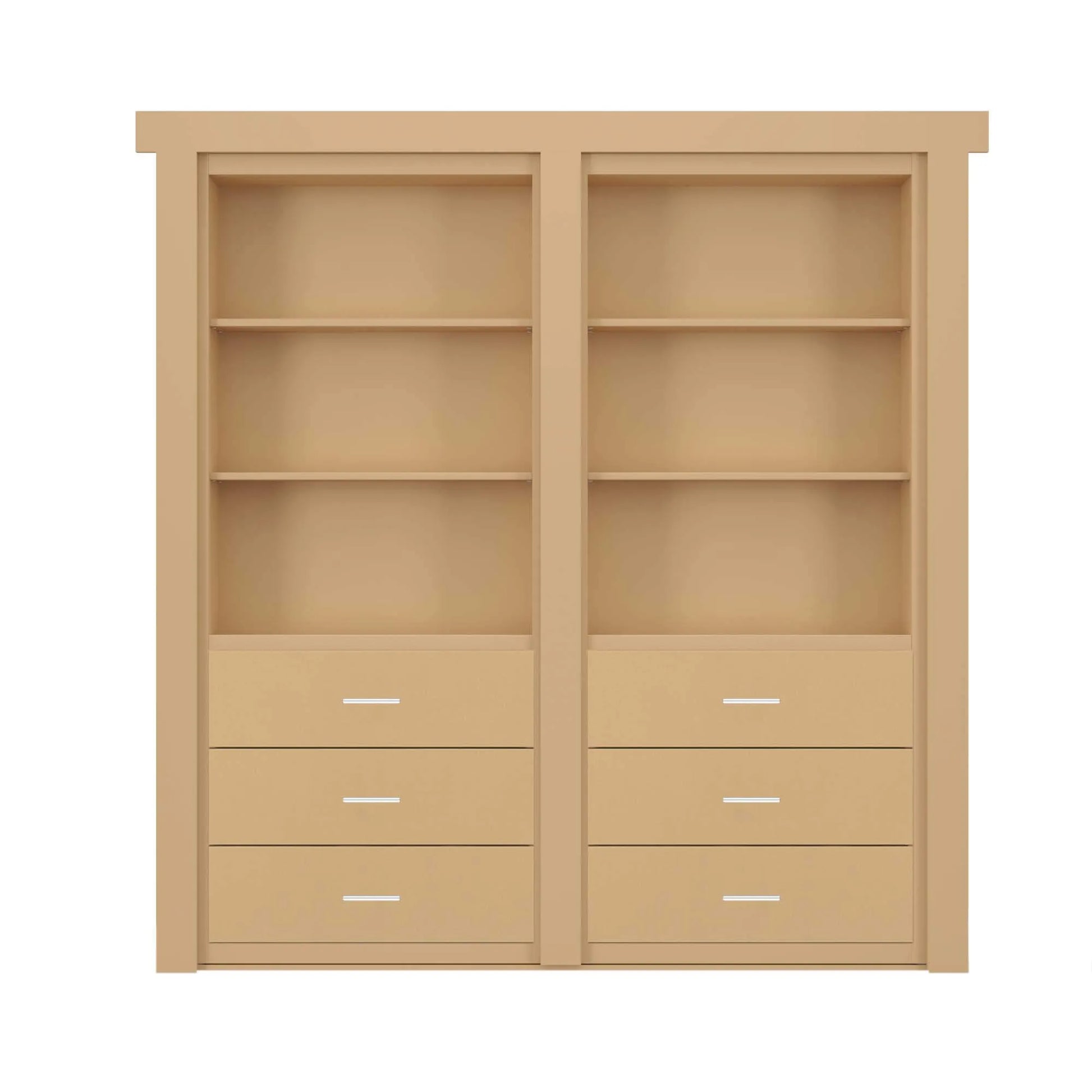 Murphy Door® light wood bookcase with dual shelving units and six drawers, designed as a hidden door solution.