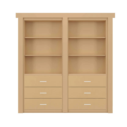 Murphy Door® light wood bookcase with dual shelving units and six drawers, designed as a hidden door solution.