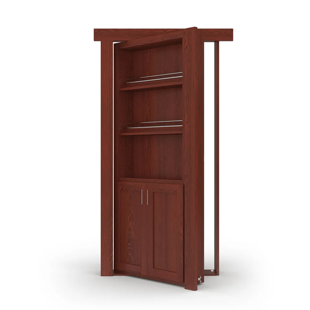 Murphy Door® cherry wood bookcase hidden door with two shelves and cabinet storage, partially open to reveal passage.