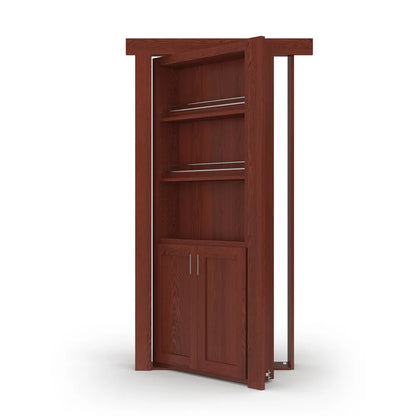 Murphy Door® cherry wood bookcase hidden door with two shelves and cabinet storage, partially open to reveal passage.