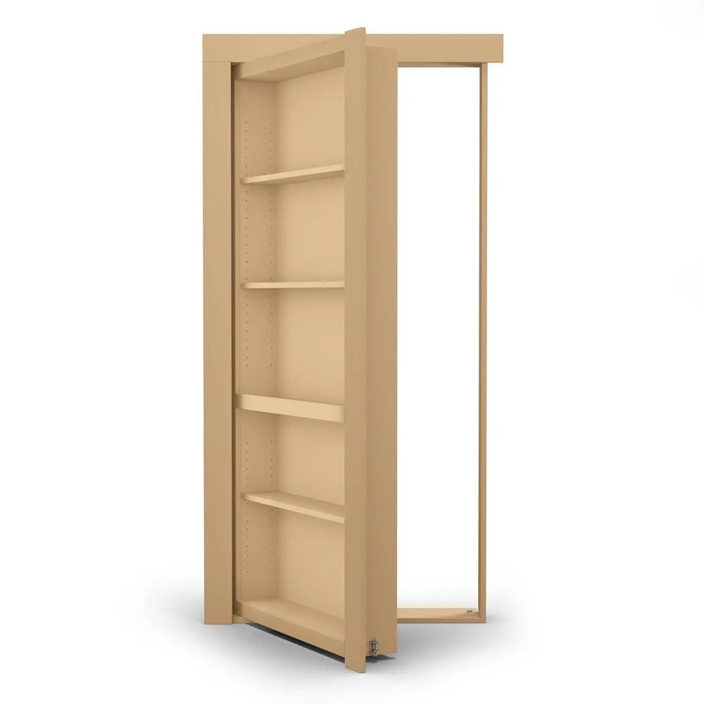Murphy Door® hidden bookcase door in light beige with adjustable shelving, shown partially open revealing doorframe.