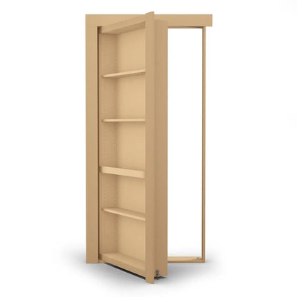 Murphy Door® hidden bookcase door in light beige with adjustable shelving, shown partially open revealing doorframe.