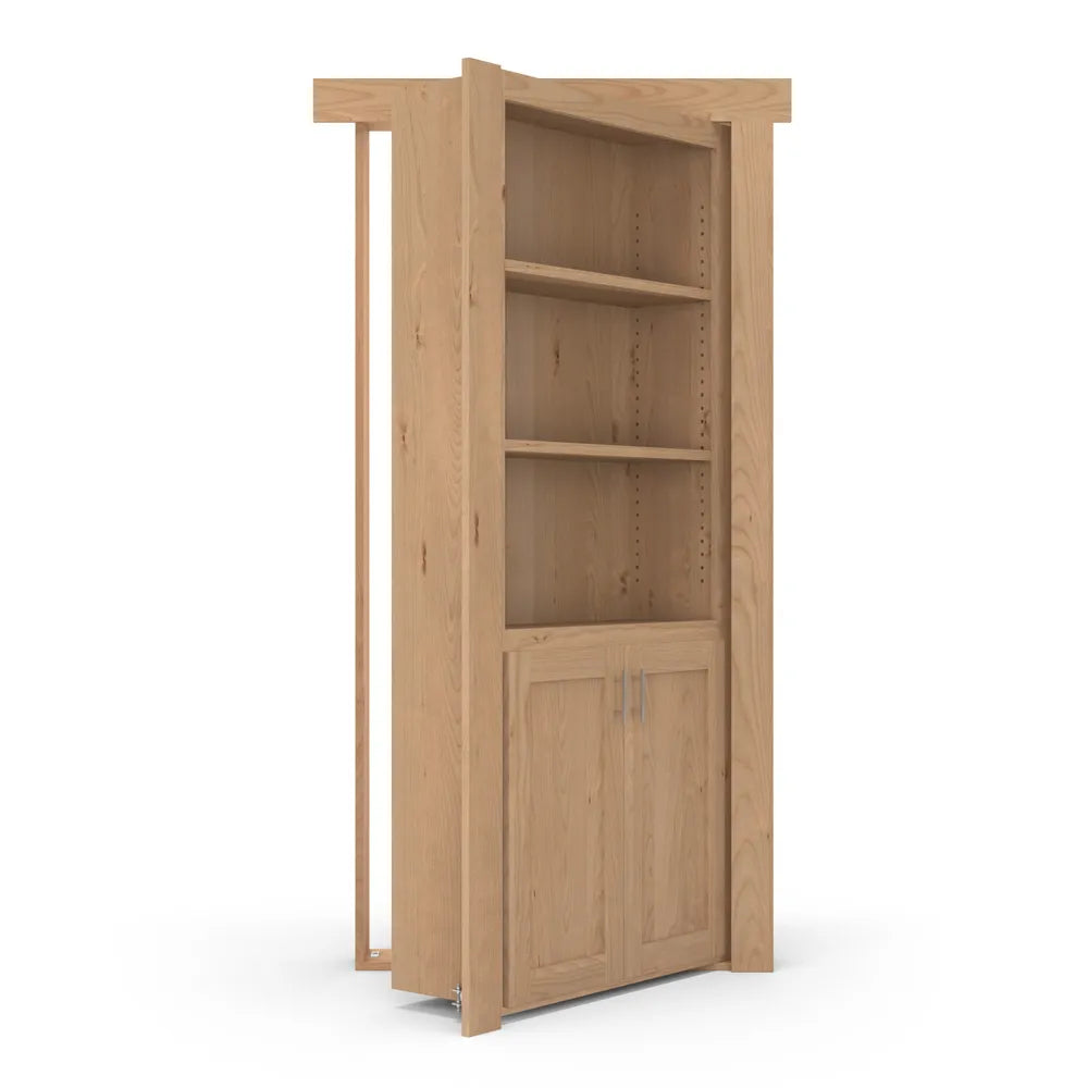 Murphy Door® hidden bookcase door in light wood with three open shelves and double cabinet storage below, shown partially open.