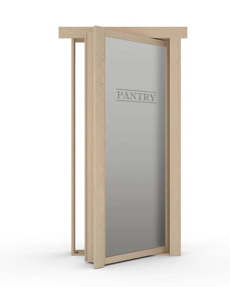 Murphy Door® light wood pantry door with frosted glass panel etched with "PANTRY" text, shown partially open.