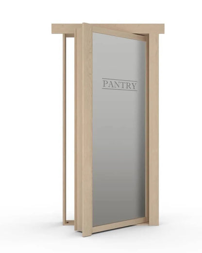 Murphy Door® light wood pantry door with frosted glass panel etched with "PANTRY" text, shown partially open.