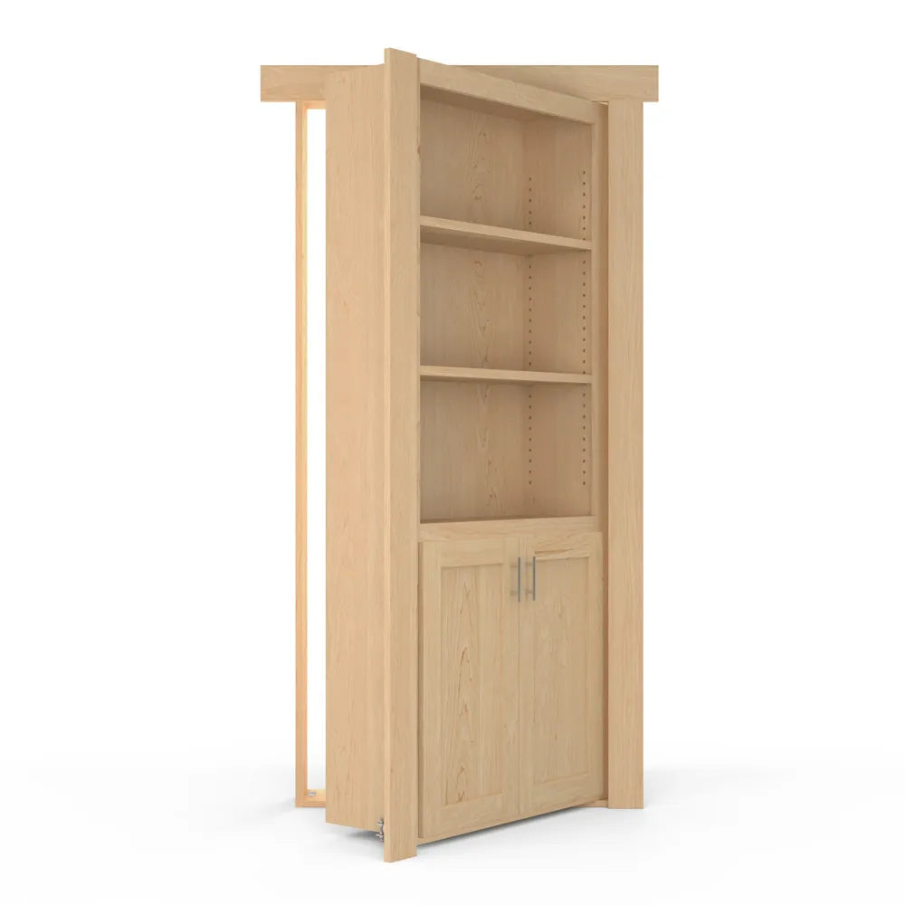 Murphy Door® hidden bookcase door in light maple with three adjustable shelves and bottom cabinet, shown partially open.
