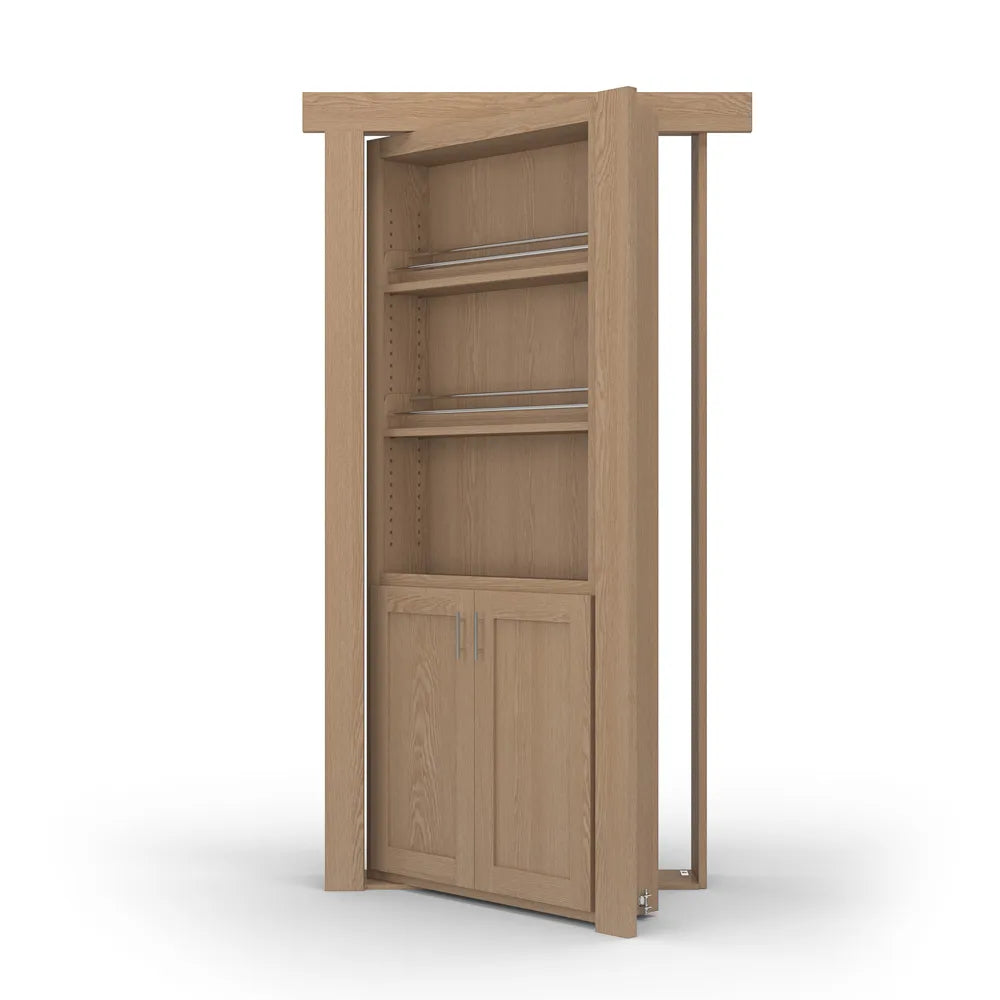 Murphy Door® oak hidden bookshelf door with three shelves and bottom cabinet, shown partially open in light wood finish.