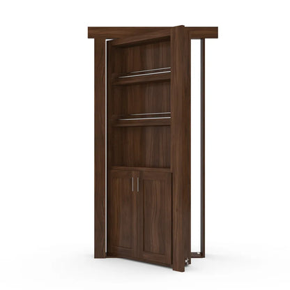 Murphy Door® bookcase hidden door in rich walnut finish with three shelves and lower cabinet storage, shown partially open.