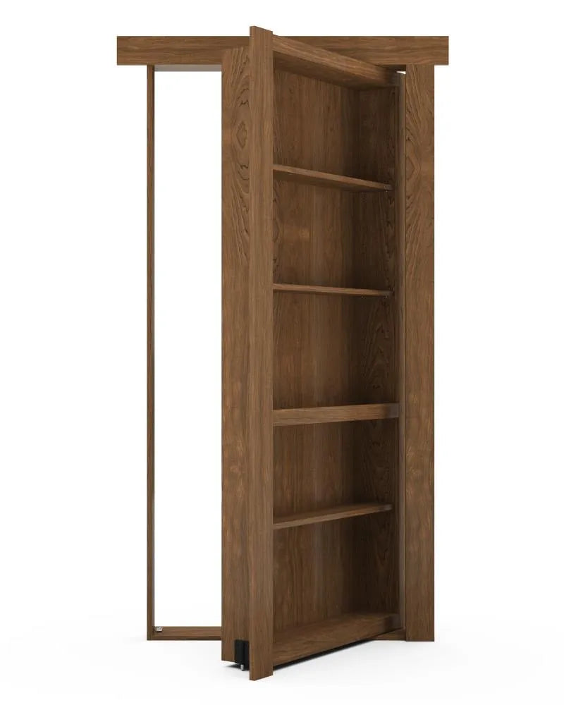 Murphy Door® wooden bookcase hidden door in medium walnut finish with five shelves, shown partially open to reveal storage space.