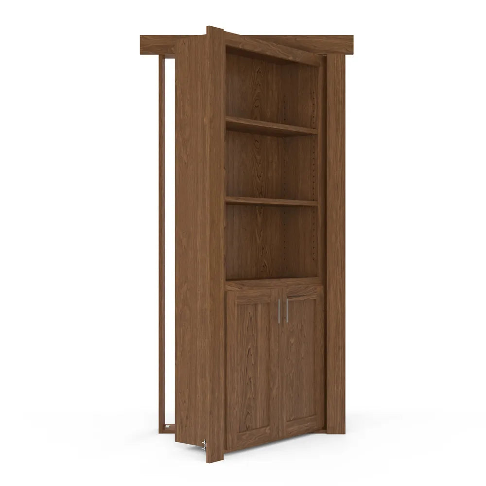 Murphy Door® wooden hidden bookcase door in medium oak finish with three shelves and cabinet storage below.