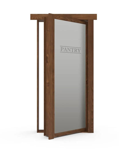 Murphy Door® wooden pantry door with frosted glass panel featuring "PANTRY" etching and rich walnut frame.